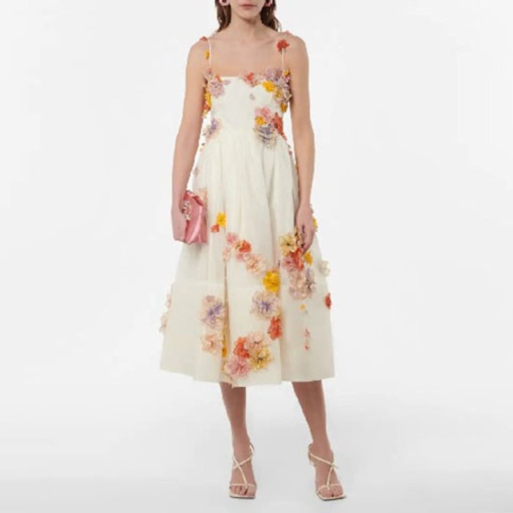 Zimmermann Style Postcard Floral Ivory Appliqué Midi Dress S/M